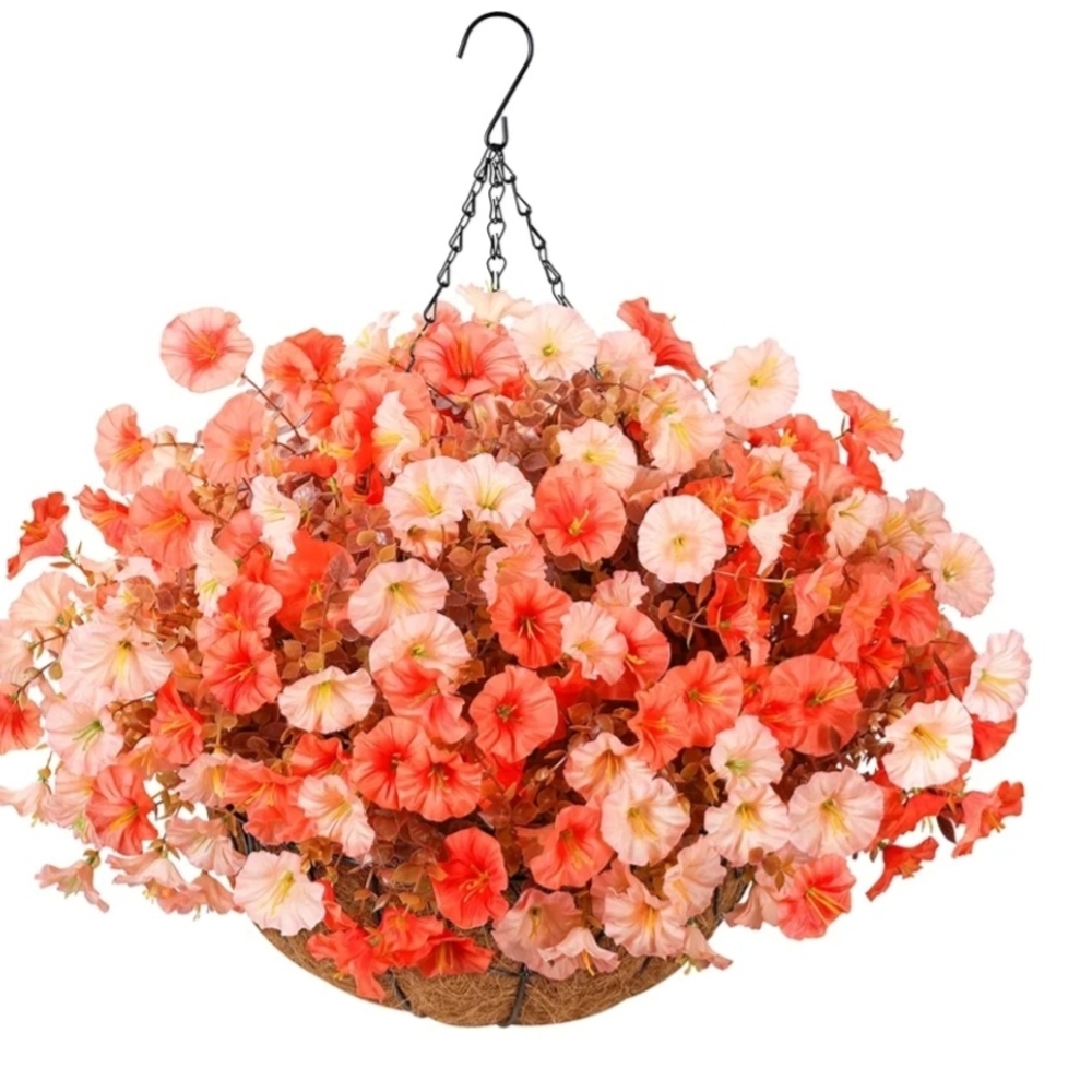 Forever Flowers Hanging Floral Basket silk arrangement pink morning glory